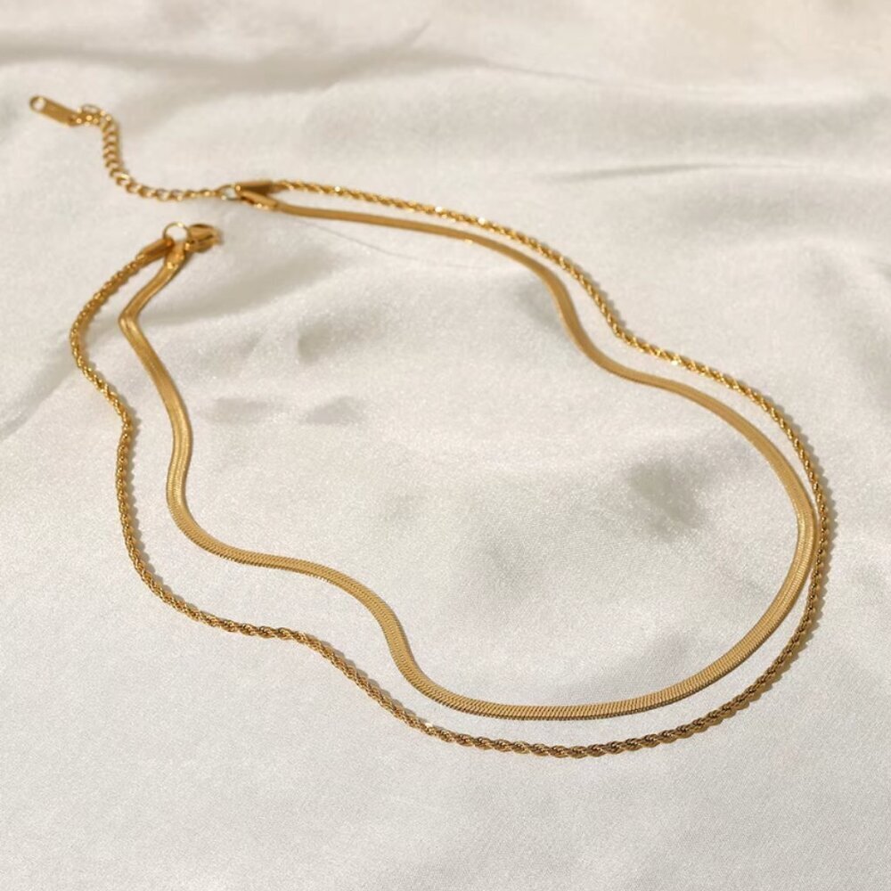 18k Gold Snake Chain & Rope Chain Layered Necklace Minimalist Layer Necklace - Picture 4 of 6